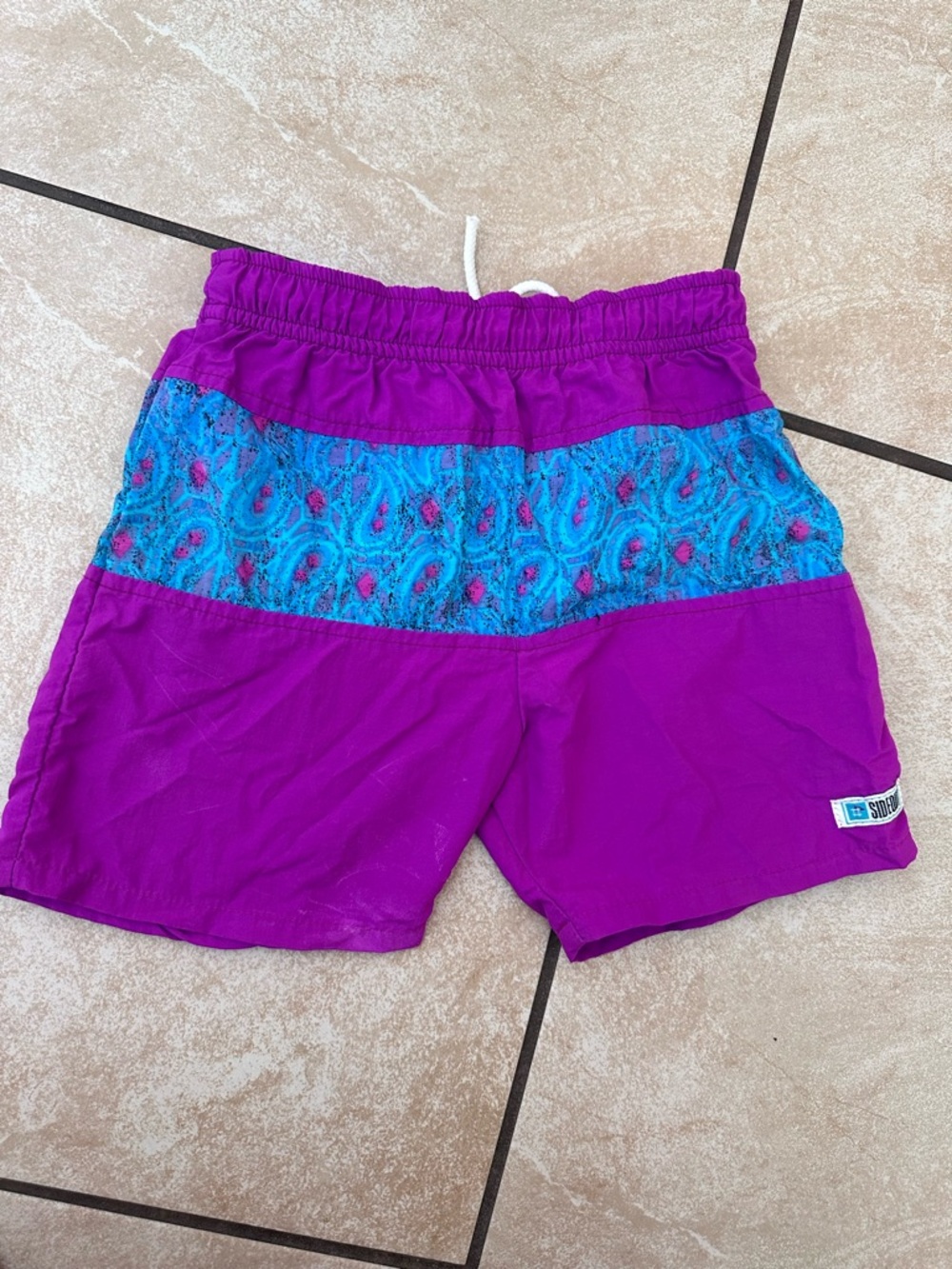 Vintage Kids Purple Swim Trunks with Teal retro pattern Band